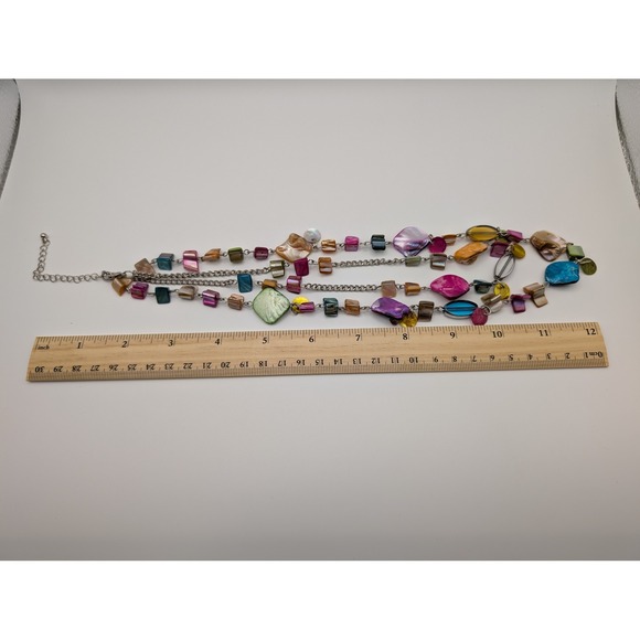 Statement Necklace Colorful Shells Silver Tone Chain Layered Adjustable‎ - Picture 7 of 7